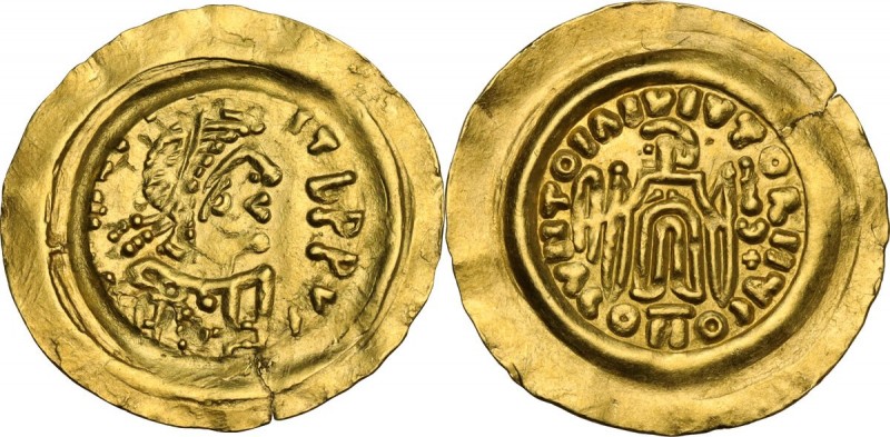The Lombards, Lombardy. Uncertain king. AV Tremissis. Pseudo-Imperial coinage in...