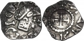 Merovingians. AR Denier, c. 7th-8th century AD. Obv. [ ]N(retrograde)DIC[ ]. Stylized diademed and cuirassed bust right. Rev. [ ]MR(retrograde)[ ]GA. ...