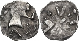 Merovingians. AR Denier, c. 7th-8th century AD. Obv. [ ]. Stylized bust right. Rev. with arms ending with pellet; V in each quarter. AR. 1.06 g. 12.30...