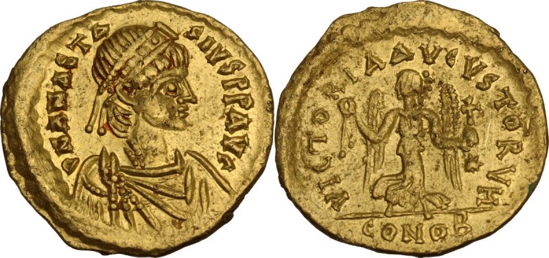 Anastasius I (491-518). AV Tremissis, Constantinople mint. Obv. DN ANASTASIVS PP...