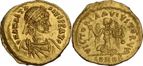 Anastasius I (491-518). AV Tremissis, Constantinople mint. Obv. DN ANASTASIVS PP AVG. Diademed, draped and cuirassed bust right. Rev. VICTORIA AVGVSTO...