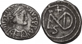 Justinian I (527-565). AR Half Siliqua, Carthage mint. Obv. D N IVSTINIANVS P P AI. Diademed, draped and cuirassed bust right. Rev. Monogram (Sear 3);...