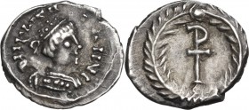 Justinian I (527-565). AR Quarter Siliqua (?), Ravenna mint. Obv. DN IVST[ ]ANVS. Diademed bust right, wearing ornamented robe. Rev. Staurogram set on...