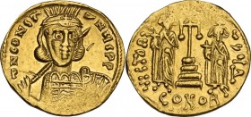 Constantine IV Pogonatus (668-685). AV Solidus, Constantinople mint, 674-681. Obv. dN CONST- ANYS PP. Helmeted and cuirassed bust three-quarter right,...