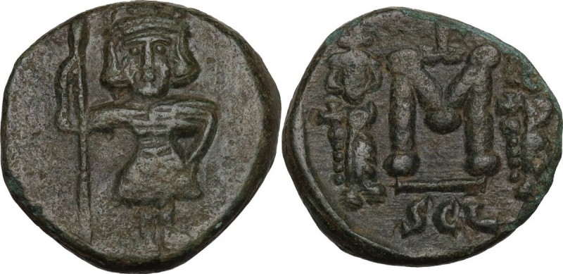 Constantine IV Pogonatus, with Heraclius and Tiberius (668-685). AE Follis. Syra...