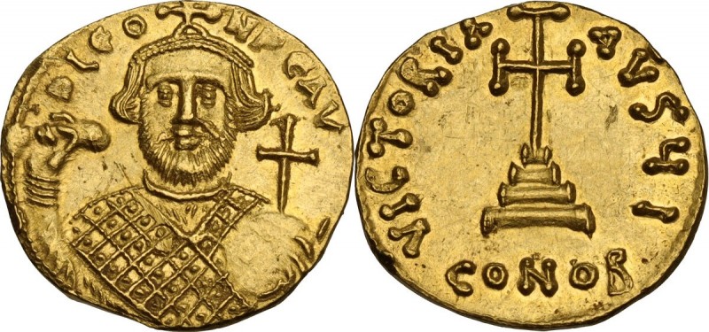 Leontius (695-698). AV Solidus, Constantinople mint. Obv. D LЄO-N PЄ AV. Bust of...