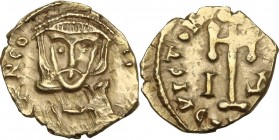 Leo III, the Isaurian (717-741). AV debased Tremissis, Rome mint, RY 4 = 720/1 AD. Obv. [ ]?εo - I I [ ]. Facing bust of Leo III, bearded, wearing chl...