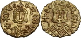 Theophilus (829-842). AV Tremissis, Syracuse mint. Obv. ΘEOFILOS. Bust facing with short beard, wearing crown and chlamys, and holding globus cruciger...