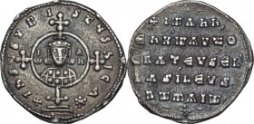 John I Zimisces. 969-976 AD. AR Miliaresion, Constantinople mint. Obv. + IhSVS XRI-STVS nICA. Cross crosslet set on globus above two steps; in central...