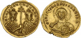 Basil II, Bulgaroktonos (976-1025). AV Solidus, Constantinople mint. Obv. + IhS XIS REX REGNANTihm. Bust of Christ facing, raising hand in benediction...