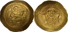 Constantine IX, Monomachus (1042-1055 AD). AV Histamenon Nomisma, Constantinople mint. Obv. +IҺS XIS RЄX RCςNANTIҺm. Christ Pantokrator enthroned faci...
