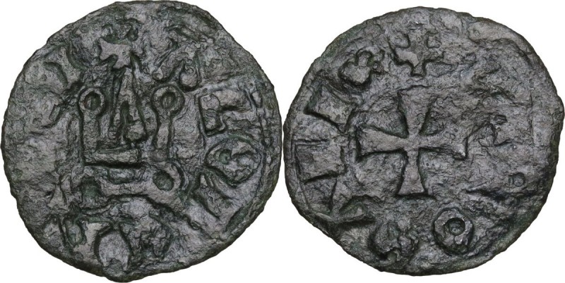 Alvignano. Nicola di Monforte (1461-1463). Denaro tornese. D/ Castello. R/ Croce...