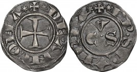Ancona. Repubblica Autonoma (Sec. XIII-XV). Grosso da 20 denari detto "primitivo", c. 1320-1330. D/ Croce patente. R/ Le lettere (QVIRIA) C V S dispos...