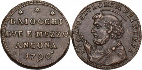 Ancona. Pio VI (1775-1799), Giovanni Angelo Braschi. Sampietrino da 2 e mezzo baiocchi 1796. D/ *** BAIOCCHI / DVE E MEZZO / ANCONA / 1796. R/ Busto n...