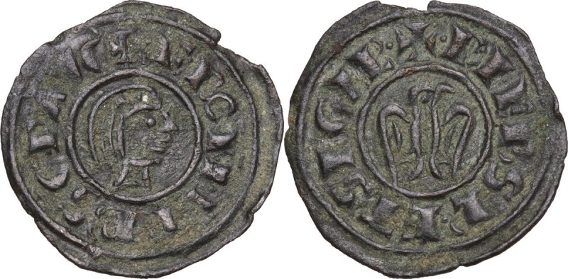 Brindisi. Federico II di Svevia (1197-1250). Mezzo denaro, 1243. D/ Testa nuda d...