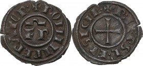 Brindisi. Federico II di Svevia (1197-1250). Mezzo denaro, c. 1248. D/ Le lettere F R (Federicus). R/ Croce patente. Sp. 147; Travaini 1993, 47a; D'An...