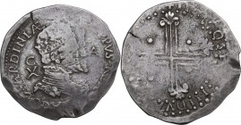 Cagliari. Filippo II di Spagna (1556-1598). Da 10 Reali "maltagliato". D/ Busto a destra con corona aperta; ai lati sigle C/X - A. R/ Croce con estrem...