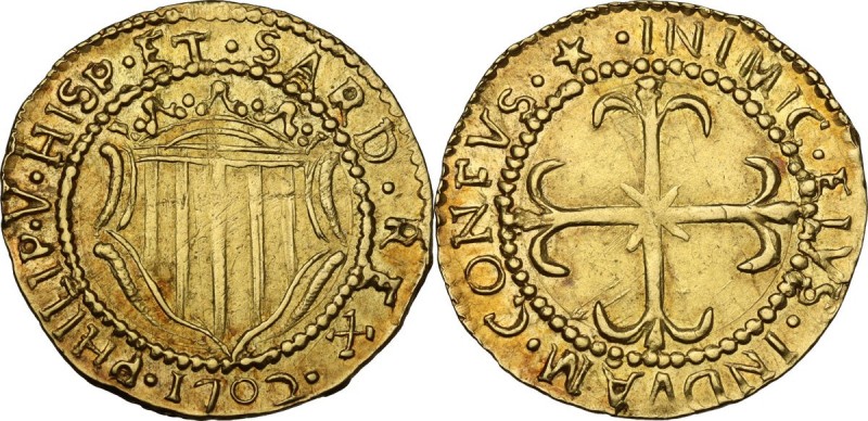 Cagliari. Filippo V di Spagna (1700-1707). Scudo d'oro 1702. D/ Stemma d'Aragona...