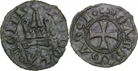 Campobasso. Nicola II di Monforte Conte (1461-1463). Tornese. D/ Castello tra tre stelle a cinque punte. R/ Croce patente. CNI 25 var; D'Andrea-Andrea...
