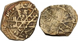 Cassibile. Ibn Al Thumna (1052-1062). Tarì imitativo al tipo di Ruggero I per Palermo. D/ Rappresentazione geometrica; alle estremità, legenda pseudo ...