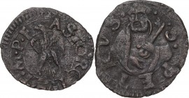 Faenza. Astorgio II Manfredi (1448-1468). Denaro. D/ Astore con le ali spiegate e la testa volta a sinistra. R/ Busto di San Pietro, di fronte, con ch...