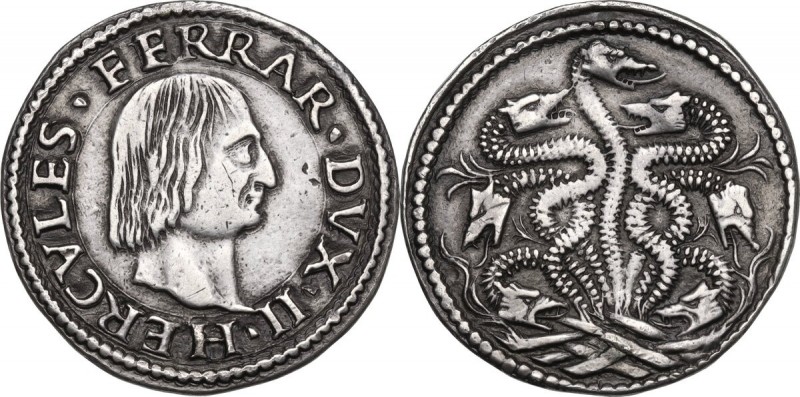 Ferrara. Ercole II d'Este (1534-1559). Testone o idra. D/ Testa nuda a destra. R...