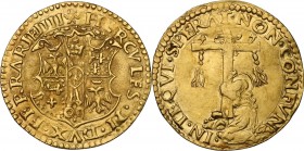 Ferrara. Ercole II d'Este (1534-1559). Scudo d'oro del sole. D/ Stemma estense; sopra, semicerchio formato di globetti a forma di corona. R/ La Maddal...