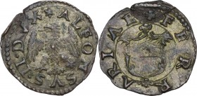 Ferrara. Alfonso II d'Este (1559-1597). Quattrino. D/ Aquila estense ad ali spiegate con la testa volta a sinistra. R/ Stemma semiovale della città in...