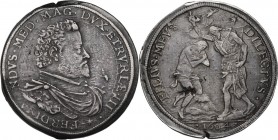 Firenze. Ferdinando I de Medici (1587-1609). Piastra 1604. D/ Busto a destra, corazzato e paludato. R/ Gesù è genuflesso sopra una zolla erbosa e tien...