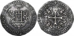 Genova. Dogi Biennali (1528-1797), II fase (1541-1637). Da due Scudi 1637, sigle IB SVS. D/ Castello coronato sostenuto da due grifi rampanti e testin...