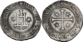 Genova. Dogi Biennali (1528-1797), II fase (1541-1637). Mezzo Scudo 1577, sigle LB. D/ Castello tra due stelle; sotto, tra due globetti, II. R/ Croce ...