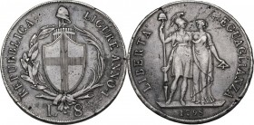 Genova. Repubblica Ligure (1798-1805). Da 8 lire A. I, 1798. D/ Scudo su fascio con berretto tra due rami di alloro e di palma; sotto, L. 8. R/ Due fi...