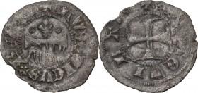 L'Aquila. Ludovico I d'Angiò Pretendente (1382-1384). Denaro provisino. D/ Pettine sormontato da giglio accostato da cerchietti. R/ Croce patente. CNI...