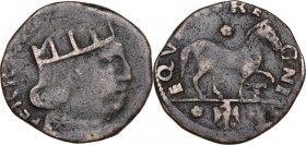 L'Aquila. Ferdinando I d'Aragona (1458-1494). Doppio cavallo (?). D/ Testa del Re a destra coronata e radiata. R/ Cavallo gradiente a destra, sopra ro...