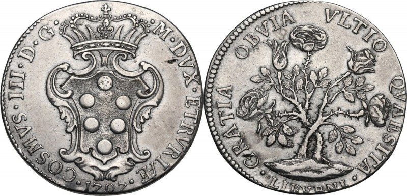 Livorno. Cosimo III de' Medici (1670-1723). Pezza della rosa 1707. D/ Stemma pol...