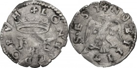 Massa Lombarda. Francesco d'Este (1550-1578). Soldo. D/ Le lettere F E (Francesco d'Este) sormontata da corona dentata; sotto, simbolo quattro foglie ...