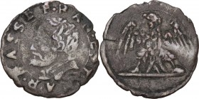 Massa Lombarda. Francesco d'Este (1550-1578). Sesino. D/ Busto a sinistra a capo nudo. R/ Aquila ad ali spiegate volta a sinistra. CNI 78 var; Rav. Mo...