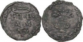 Massa Lombarda. Francesco d'Este (1550-1578). Quattrino imitativo dell'esemplare pesarese di Guidobaldo II della Rovere. D/ FR.E./M.M/AS. su tre righe...