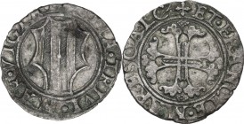 Mesocco. Gian Giacomo Trivulzio (1487-1518). Soldino o soldo trivulzino. D/ Stemma dei tre pali in uno scudo a forma di testa di cavallo; senza i cord...