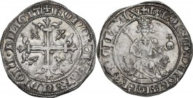 Napoli. Carlo II d'Angio (1285-1309). Gigliato. D/ Il Re coronato, seduto di fronte tra due protomi di leoni, tiene nella destra lo scettro gigliato e...