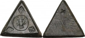 Napoli. Periodo Angioino (1266-1442). Peso monetale del gigliato (?). D/ Testa coronata; tre contromarche con gigli ai vertici. R/ Contromarca a forma...