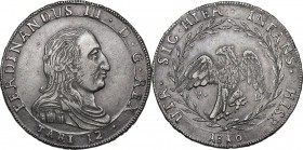 Palermo. Ferdinando III di Borbone-Due Sicilie (1759-1816). 12 tarì 1810. D/ Busto del re con lunga capigliatura a destra. R/ Aquila gradiente, ad ali...