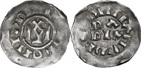 Pavia. Ugo e Lotario II (931-947). Denaro. D/ Monogramma di Ugo. R/ PA / PIA su due righe. CNI 1/9; Limido-Fusconi 12; MIR (Lombardia, zecche) 824. AG...
