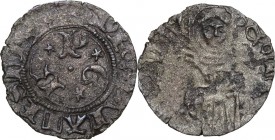 Pesaro. Carlo, Pandolfo e Galeazzo Malatesta (1429-1438). Quattrino. D/ Le lettere P G K disposte a triangolo, intervallate da stelle, intorno a punto...