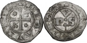 Ravenna. Anonime Arcivescovi (sec. XIII-XIV). Denaro. D/ Croce patente accantonata da globetto nel 1° e 4° quarto e trifoglio nel 2° e 3° quarto. R/ L...