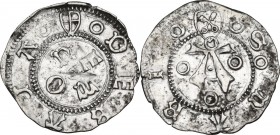 Recanati. Repubblica (Sec. XV), attribuite a Nicolò V. Bolognino. D/ Le lettere gotiche (RECA)N E T O disposte a croce attorno a borchia. R/ Grande le...