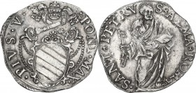 Roma. Pio V (1566-1572), Antonio Michele Ghislieri. Giulio. D/ Stemma ovale Ghisleri sormontato da piaviale e chiavi decussate con lunghi cordoni. R/ ...