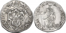 Roma. Paolo V (1605-1621), Camillo Borghese. Testone A. V. D/ Stemma a targa sagomaata; chiavi con impugnatura trilobata, cordoni e fiocchi. R/ San Pa...