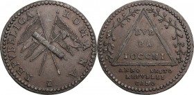 Roma. Repubblica Romana (1789-1799). Prova dei due baiocchi A. VI. D/ Trofeo di due bandiere, fascio e pileo. R/ DVE/ BA/IOCCHI entro triangolo, con r...