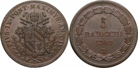 Roma. Pio IX (1846-1878), Giovanni Mastai Ferretti. 5 baiocchi 1849 A.IV. D/ Stemma Mastai Ferretti sormontato da tiara e chiavi decussate. R/ 5 / BAI...